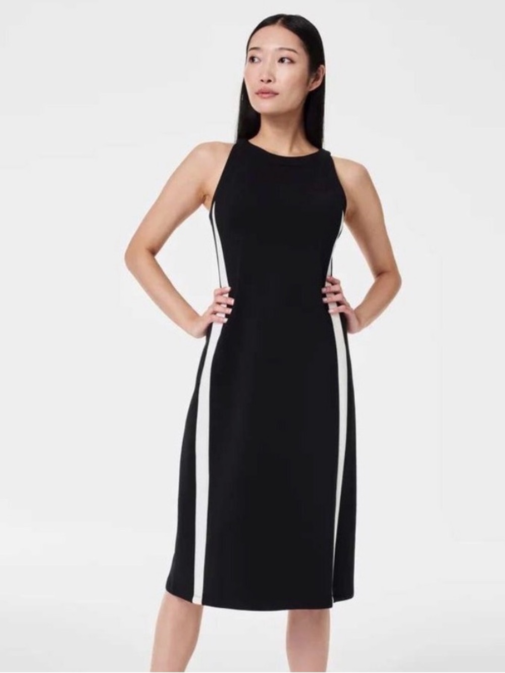 SPANX AirEssentials black dress with white stripe.